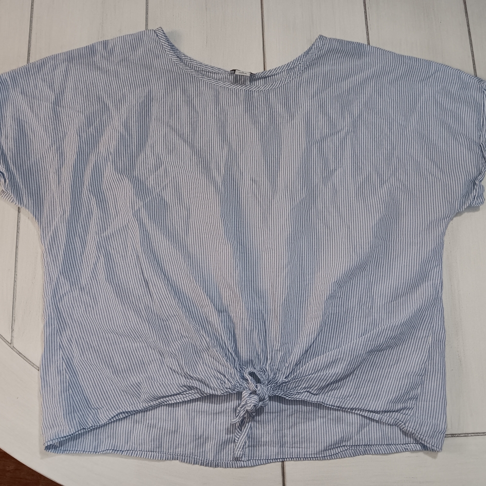 Women's Large J. Crew Blue & White Striped Tie Front Top
